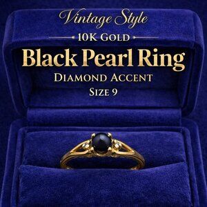 10K Gold Black Pearl Ring Size 9 Diamond Accent Ring Vintage